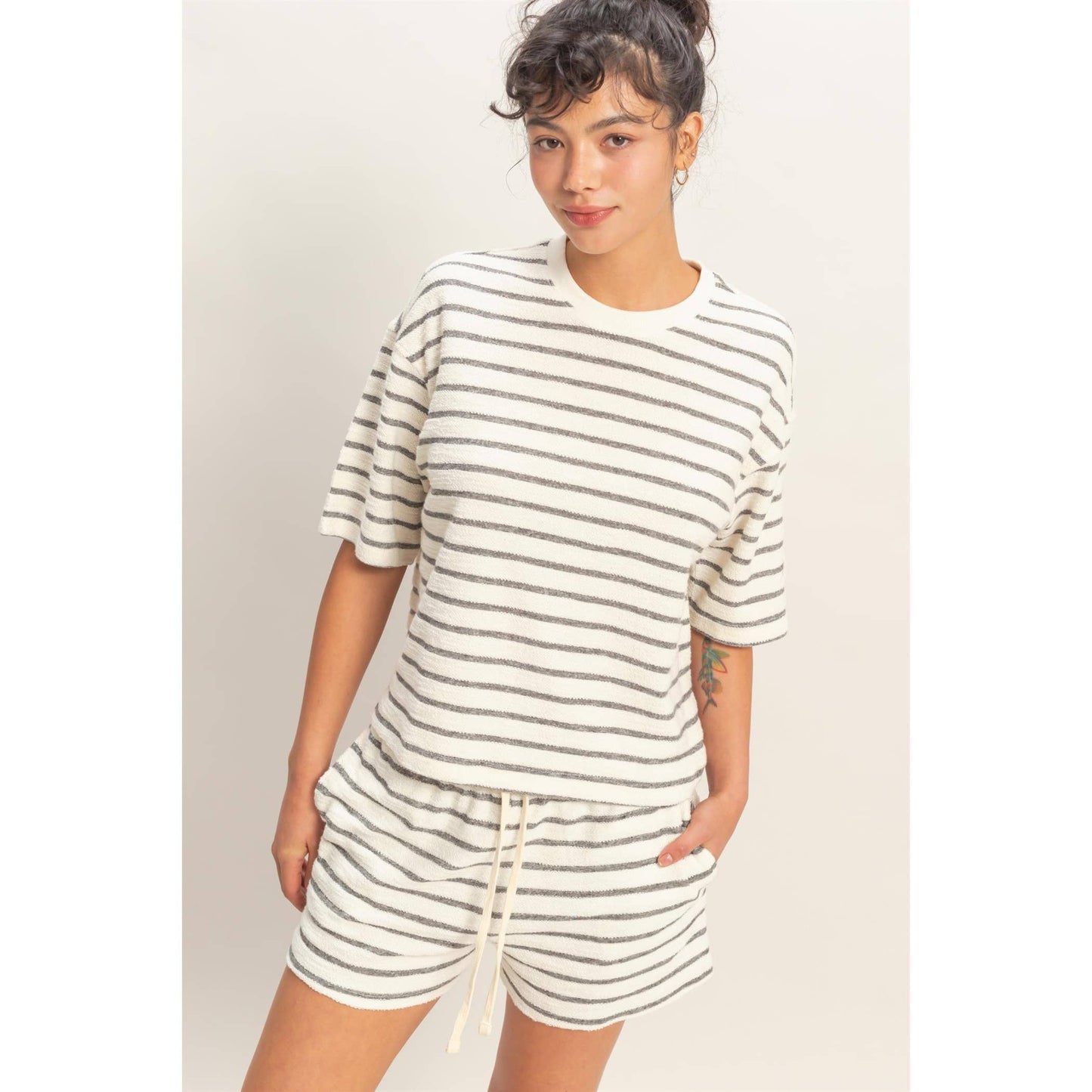 Striped Short Sleeve Terry Crew Neck Top