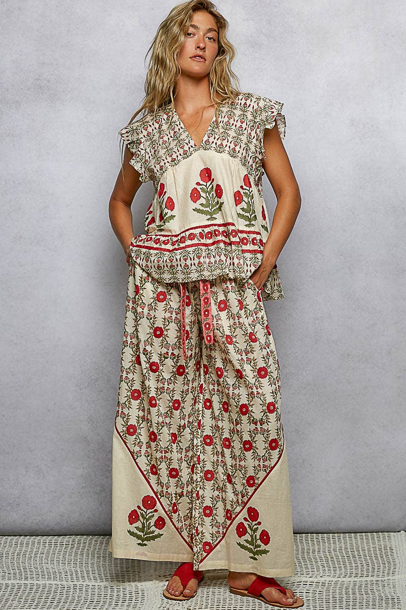 V-Neck Floral Pattern Ruffle Sleeve Top- TOP ONLY