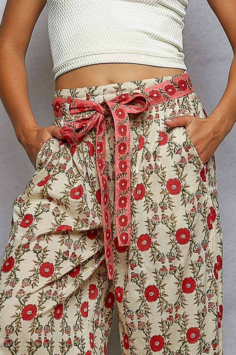 Waist Belt Floral Pattern Straight Fit Pants- PANTS ONLY