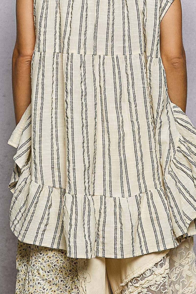 Collared Neck Stripe Soft Ruffle Stitch Sleeveless Shirt Top