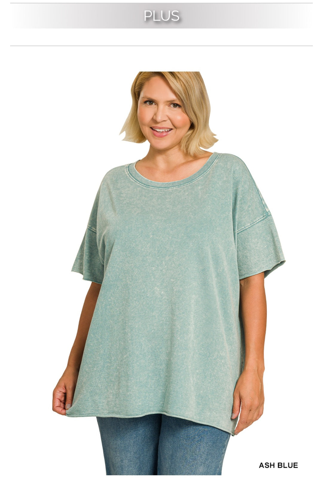 Plus acid wash french terry drop shoulder top- Zenana