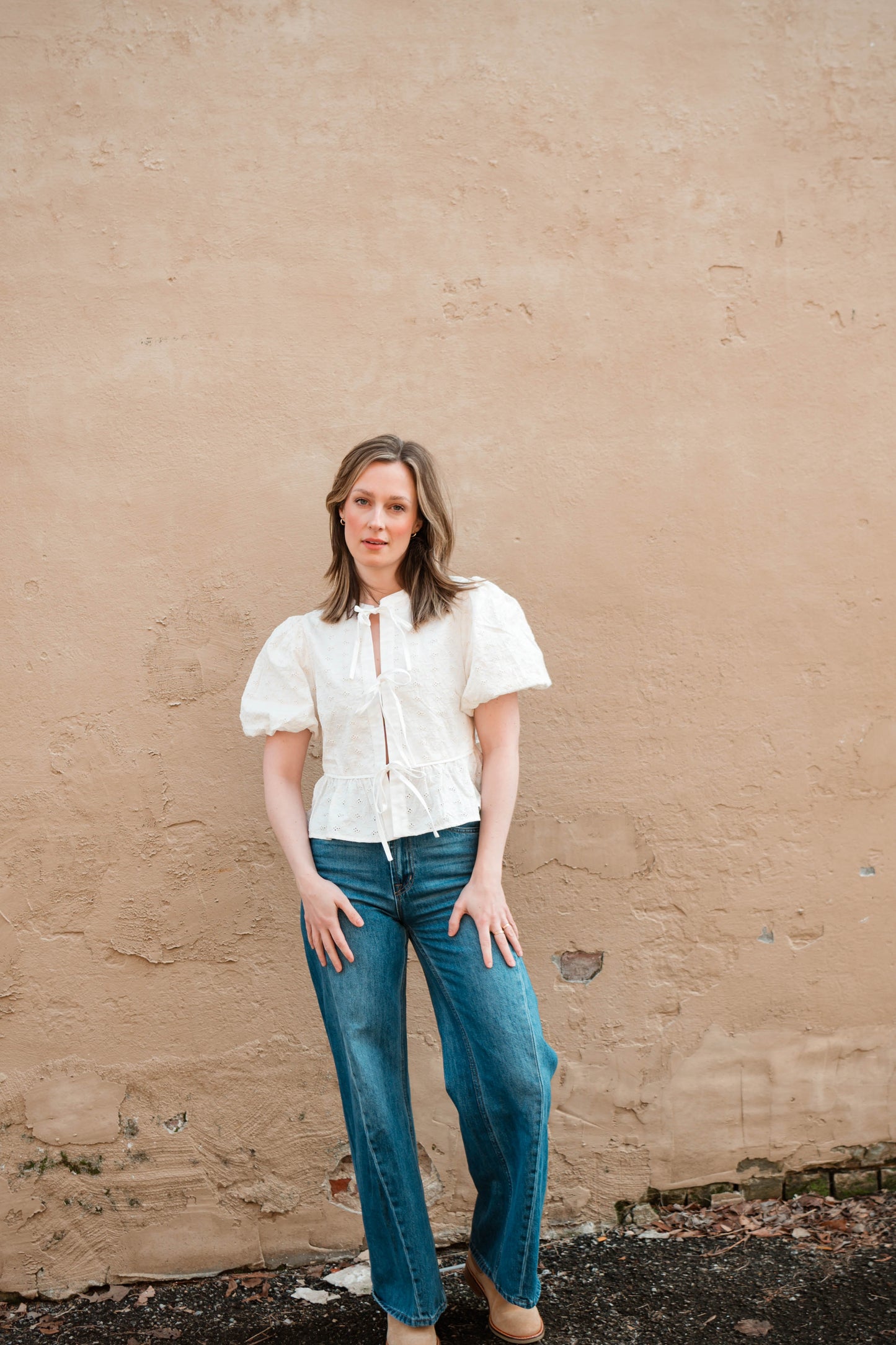 Eyelet Tie Front Peplum Top