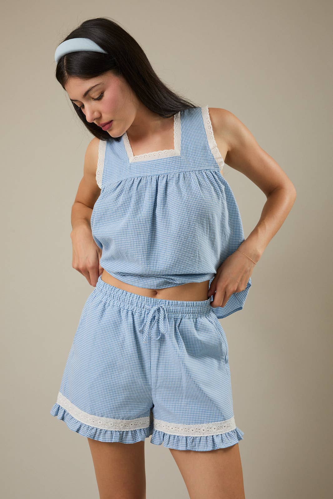 LACE TRIM DETAIL GINGHAM TOP & RUFFLED HEM SHORTS