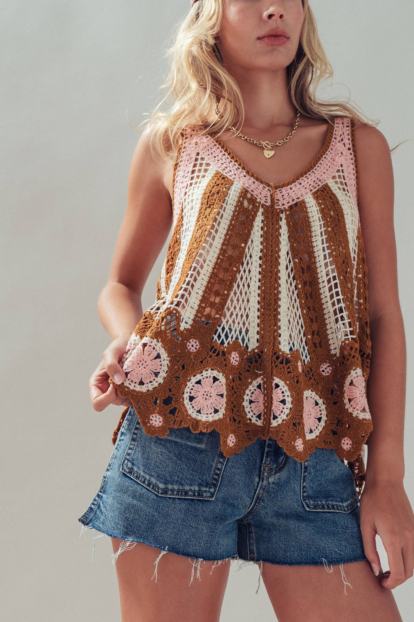 Floral Motif Open-Knit Crochet Tank