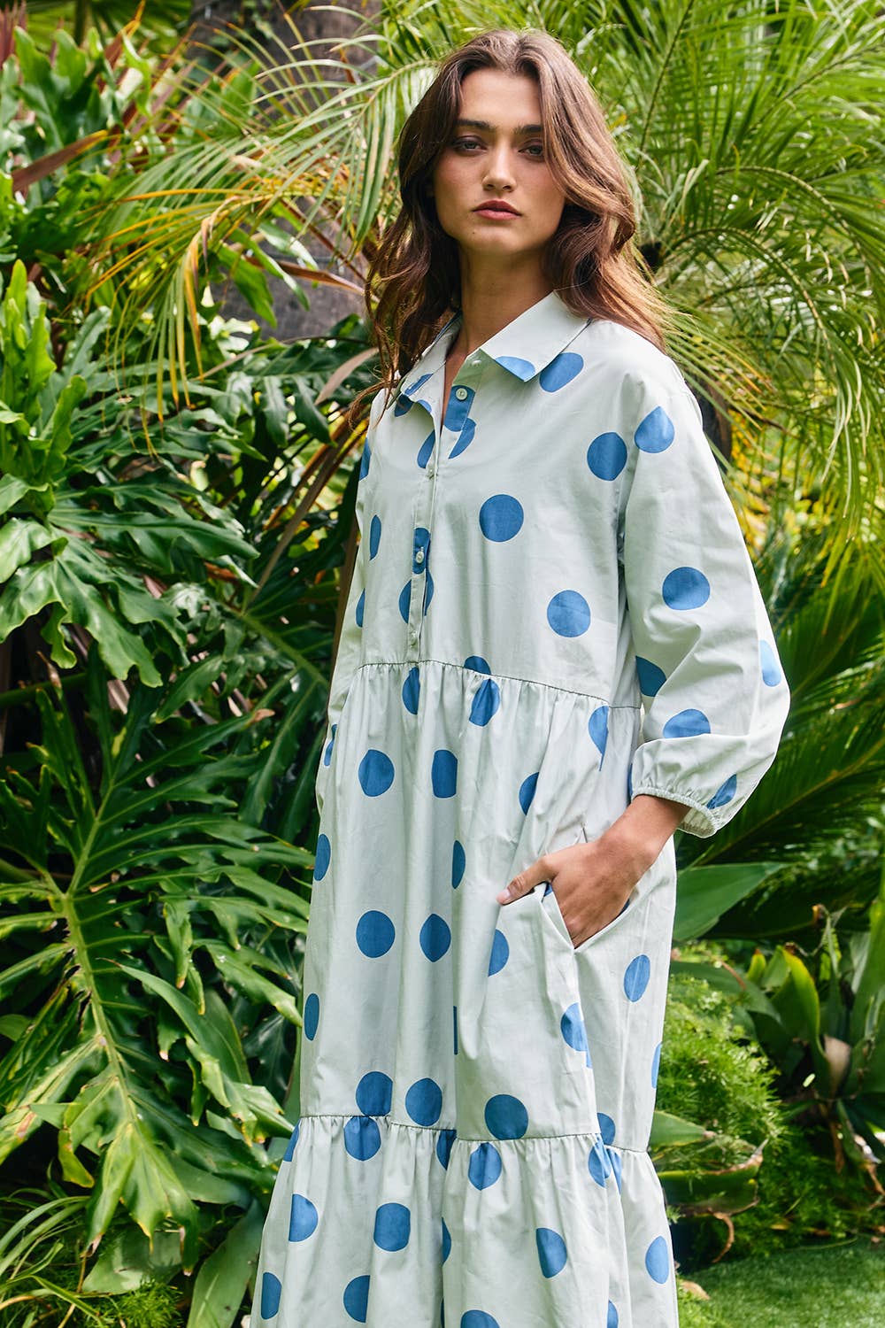 Polka Dot Print Tiered Midi Shirt Dress