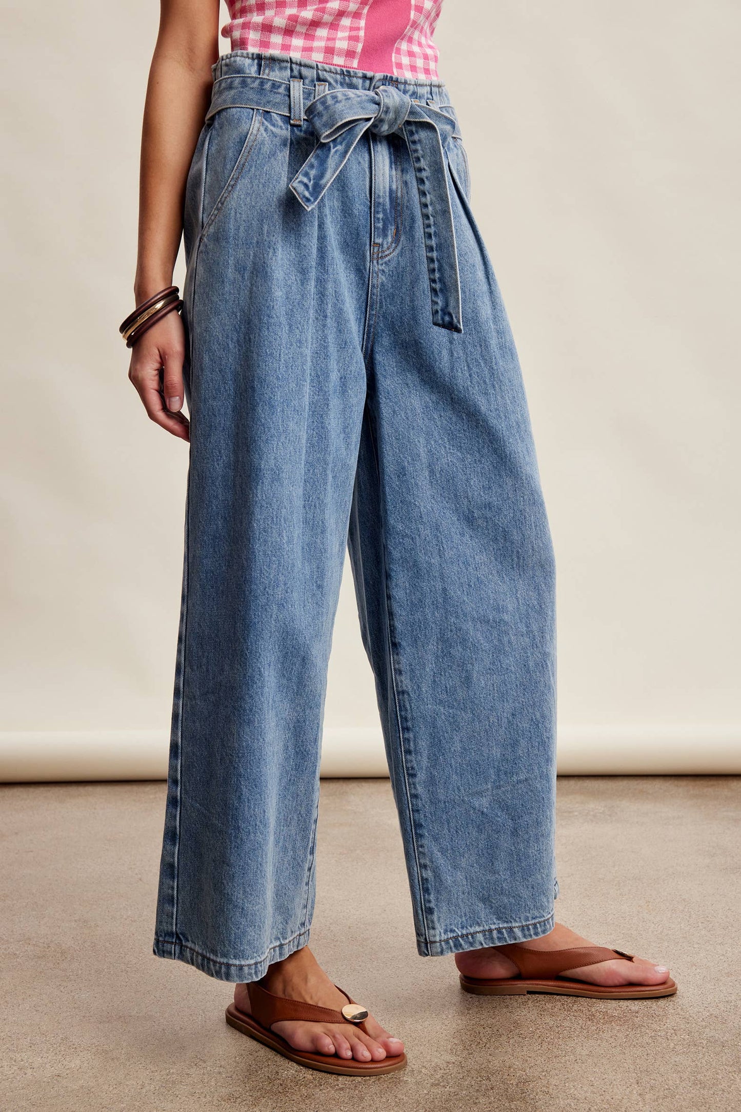 Paperbag Waist Wide Leg Denim Pants
