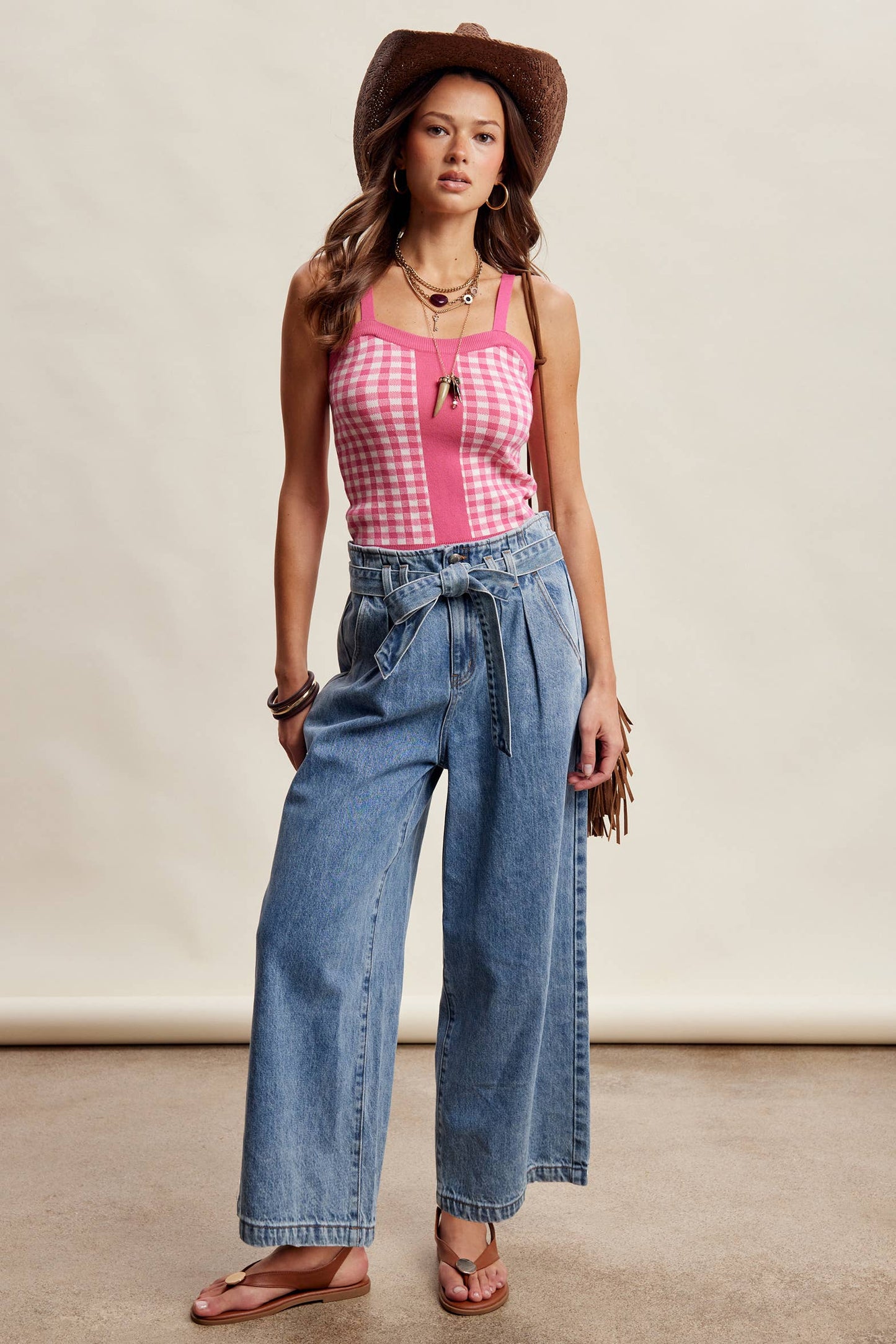 Paperbag Waist Wide Leg Denim Pants