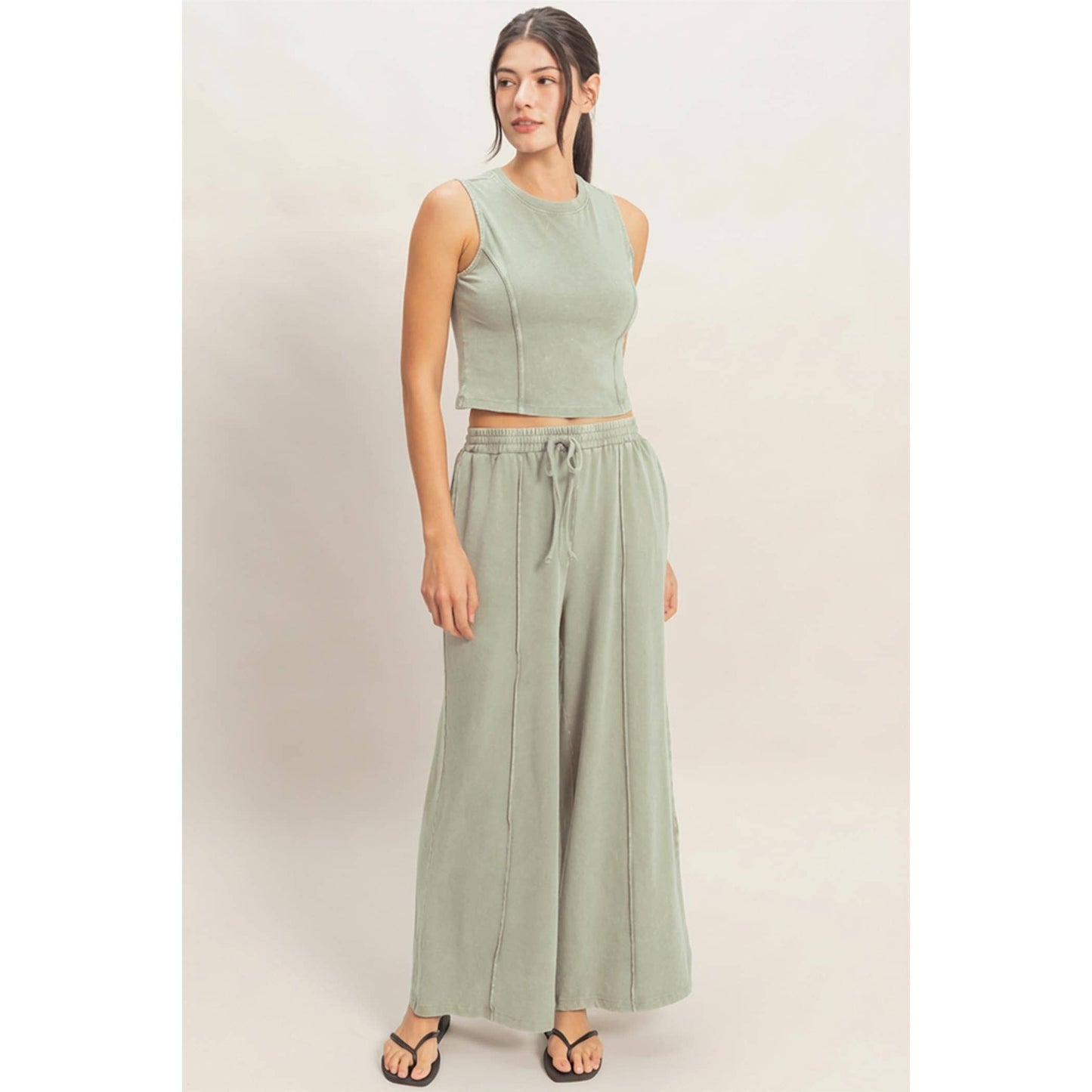 Mineral Washed Sleeveless Top & Wide Leg Pants Set- The Willow Set