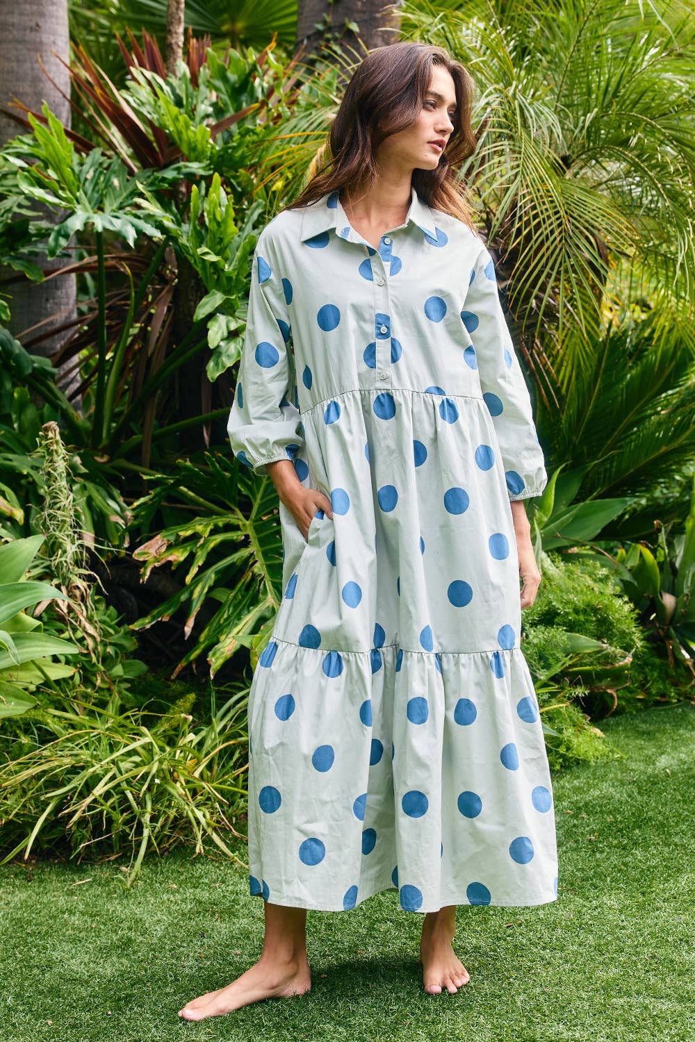 Polka Dot Print Tiered Midi Shirt Dress