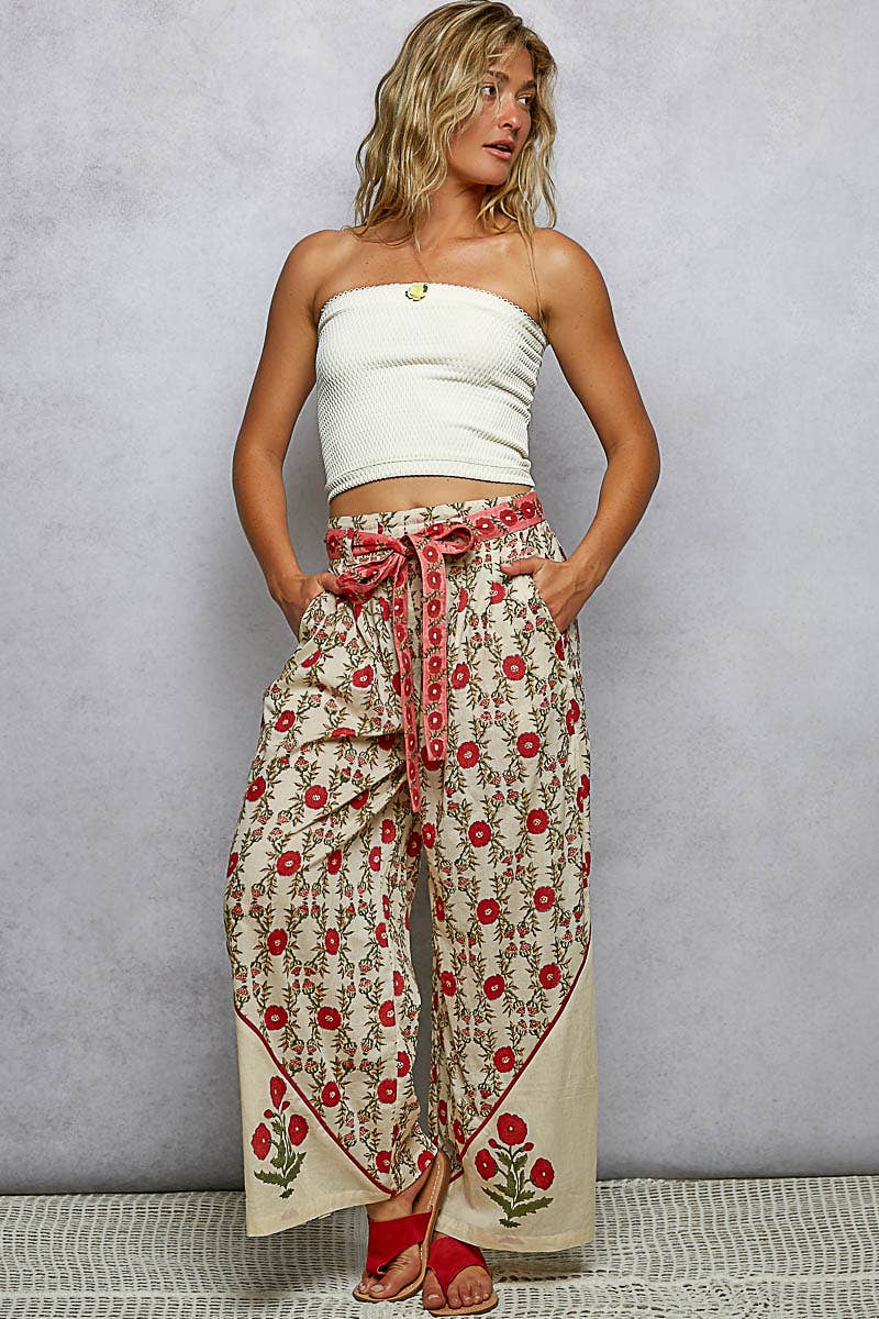Waist Belt Floral Pattern Straight Fit Pants- PANTS ONLY