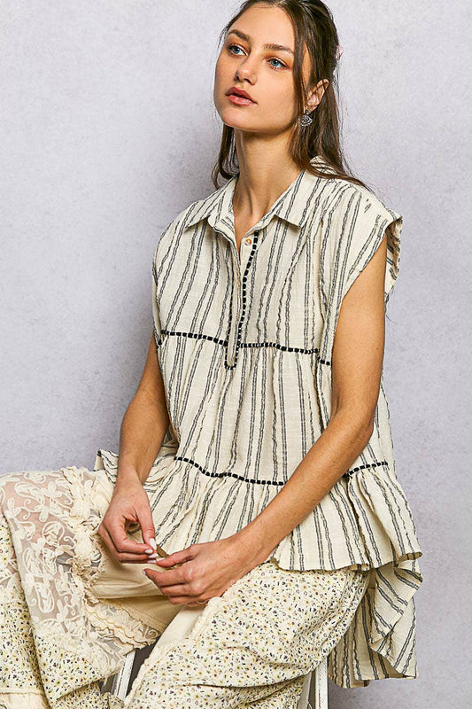 Collared Neck Stripe Soft Ruffle Stitch Sleeveless Shirt Top