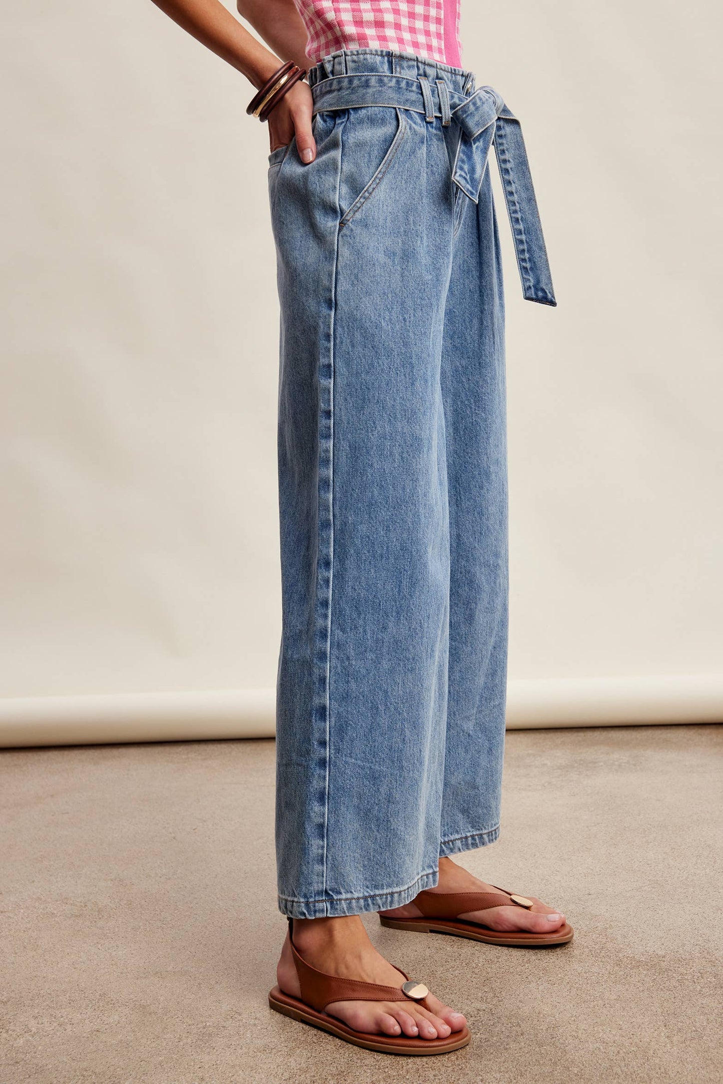 Paperbag Waist Wide Leg Denim Pants