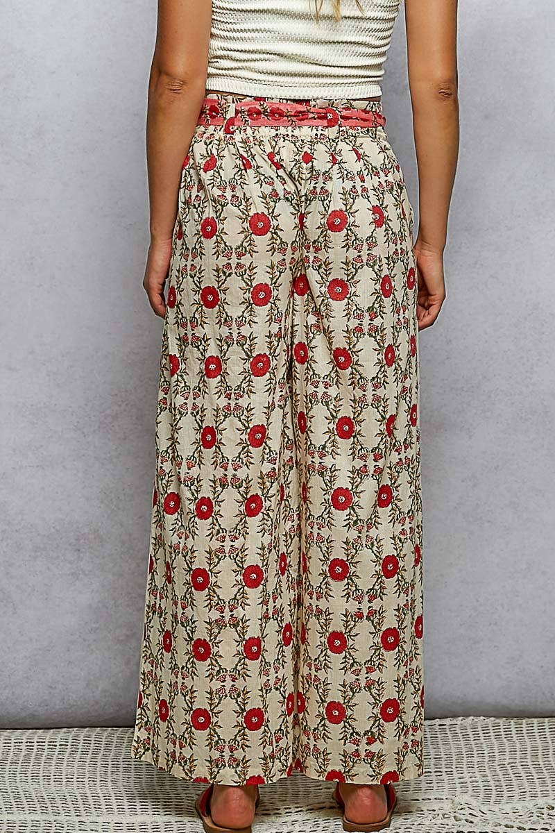 Waist Belt Floral Pattern Straight Fit Pants- PANTS ONLY