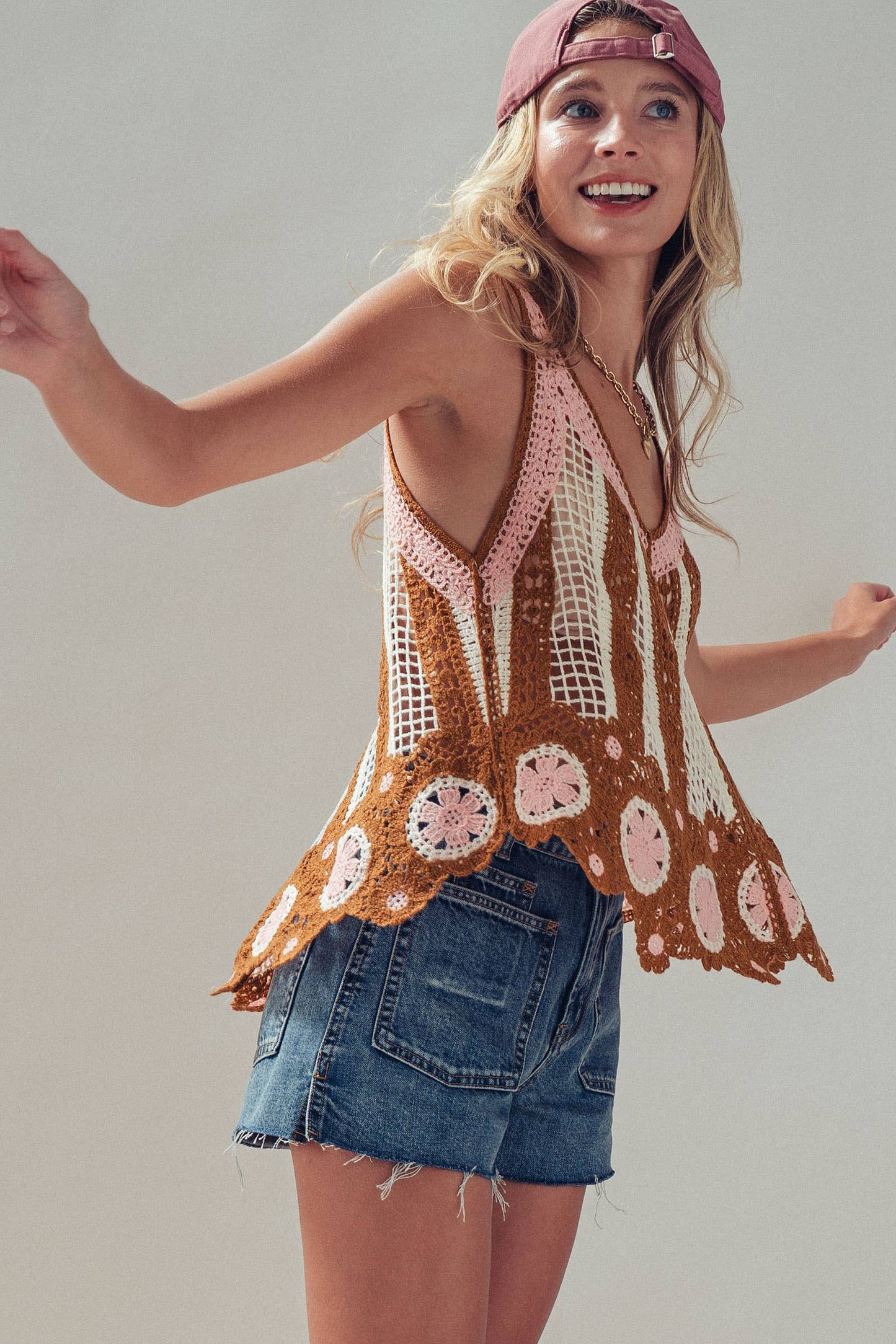 Floral Motif Open-Knit Crochet Tank
