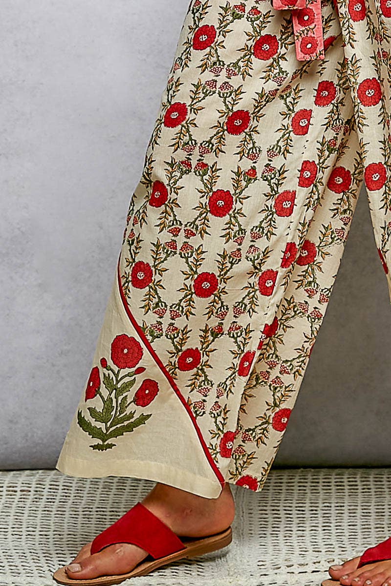 Waist Belt Floral Pattern Straight Fit Pants- PANTS ONLY