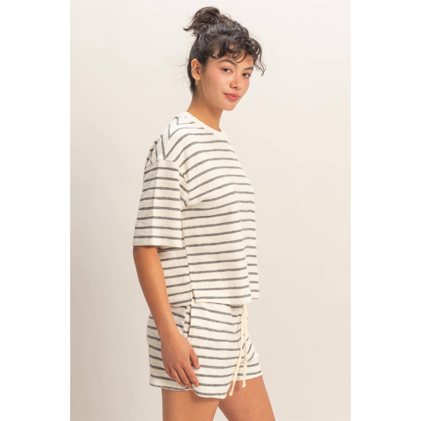 Striped Short Sleeve Terry Crew Neck Top