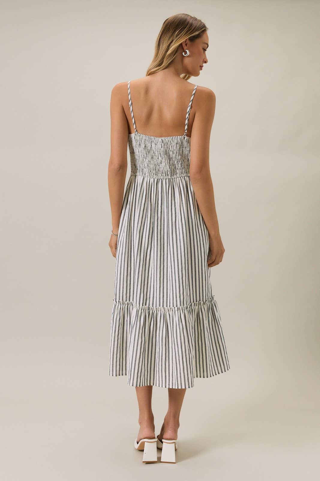 SLEEVELESS SMOCKED MIDI DRESS WITH KEYHOLE & BOTTOM RUFFLE