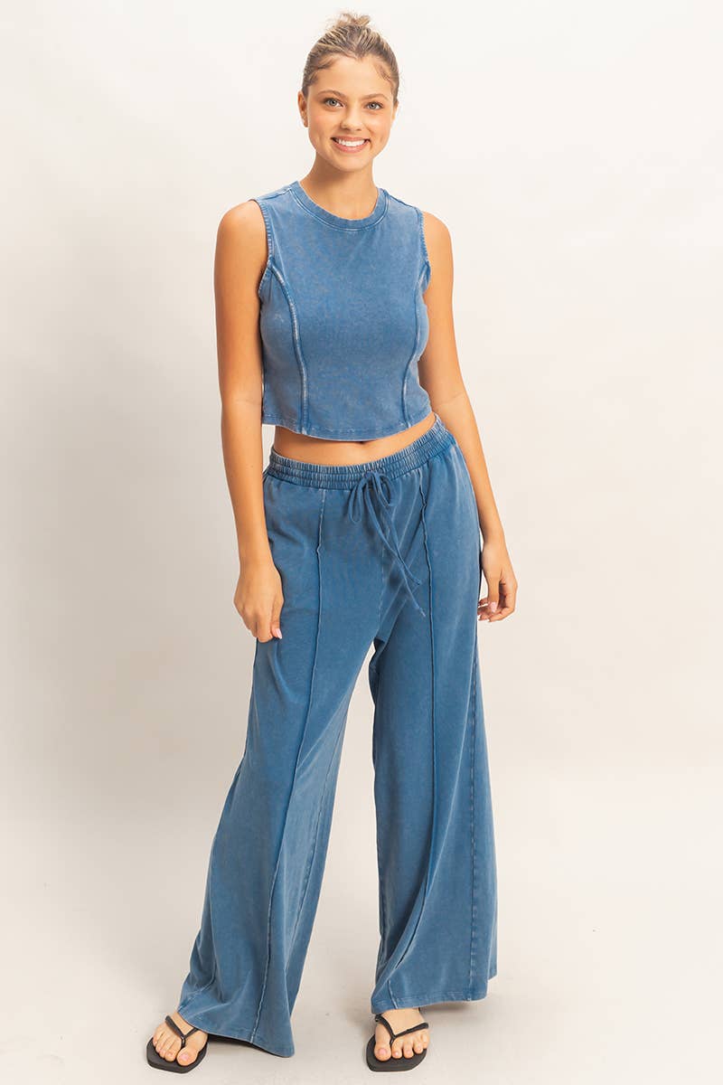 Mineral Washed Sleeveless Top & Wide Leg Pants Set- The Willow Set