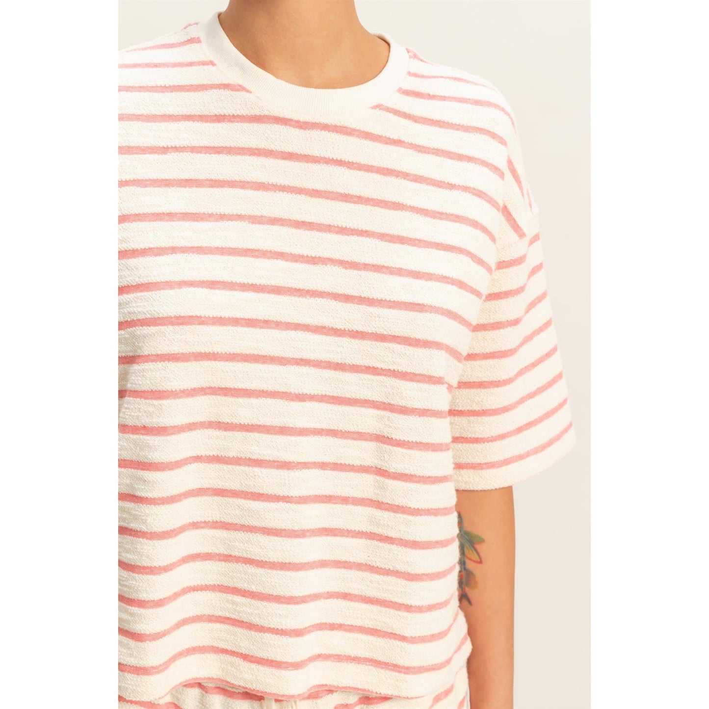 Striped Short Sleeve Terry Crew Neck Top