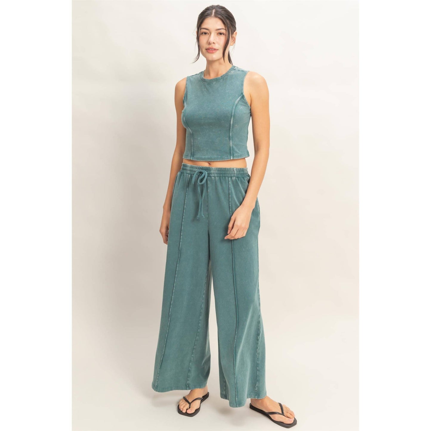 Mineral Washed Sleeveless Top & Wide Leg Pants Set- The Willow Set
