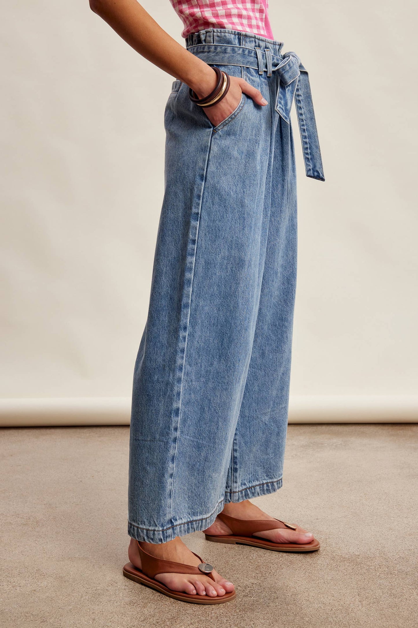 Paperbag Waist Wide Leg Denim Pants