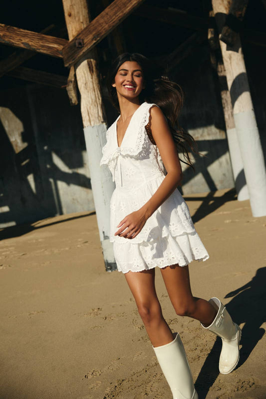 SLEEVELESS V-NECK COLLARED EYELET MINI DRESS