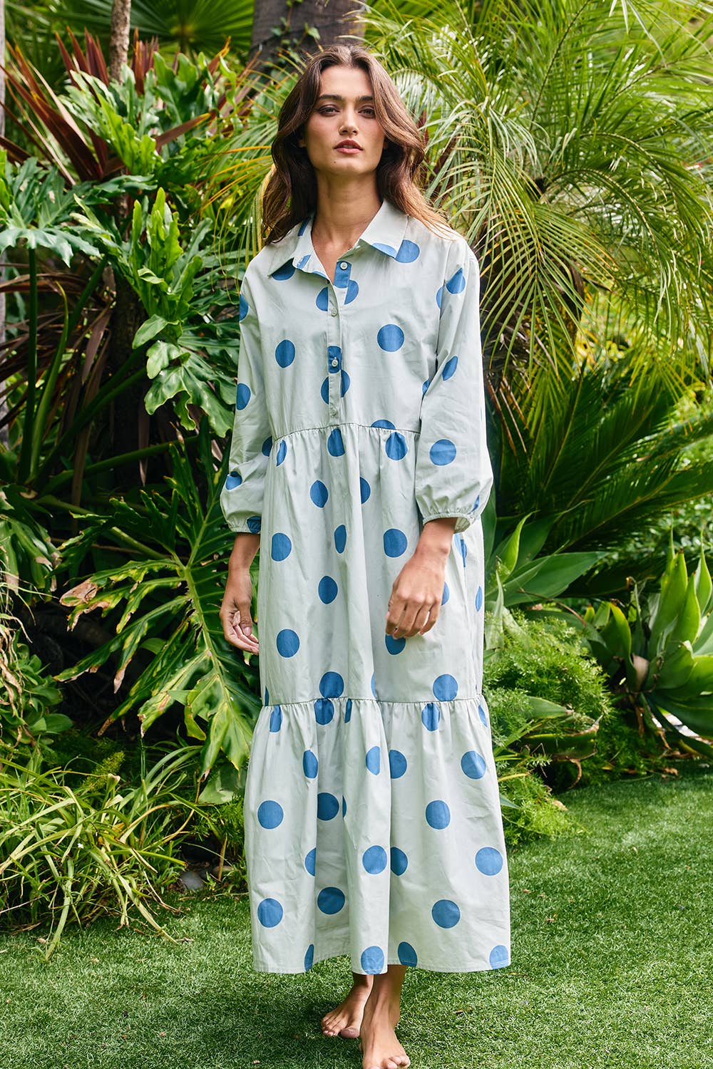 Polka Dot Print Tiered Midi Shirt Dress