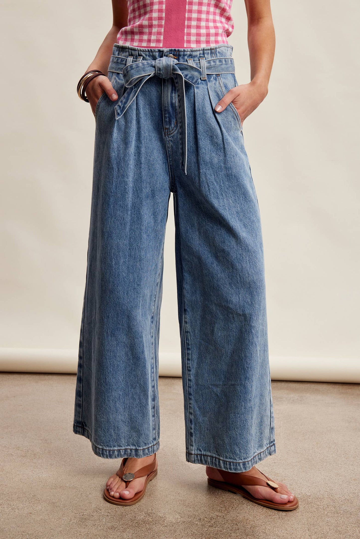 Paperbag Waist Wide Leg Denim Pants
