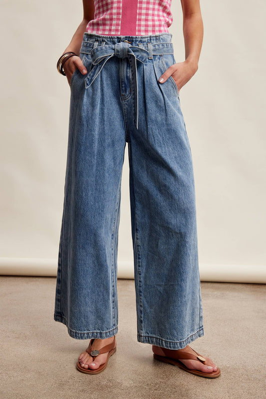 Paperbag Waist Wide Leg Denim Pants