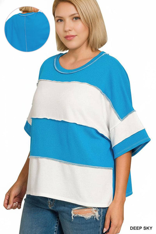Plus French Terry Color Block Exposed Seam Top