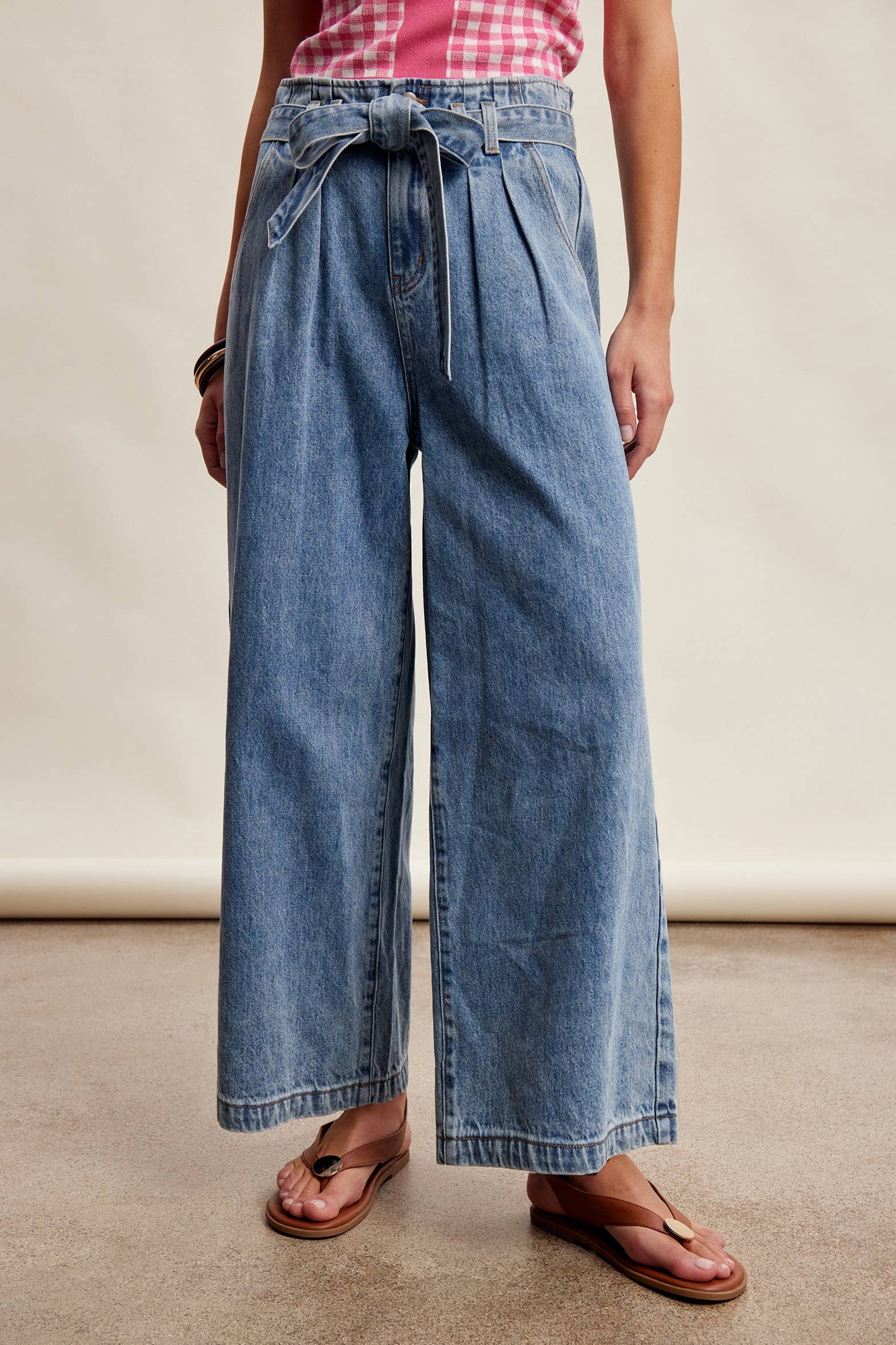Paperbag Waist Wide Leg Denim Pants