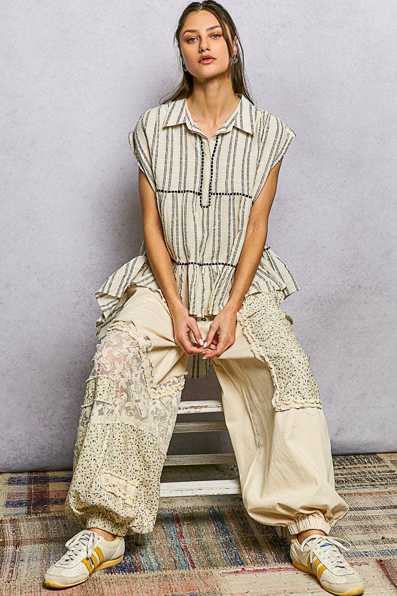 Collared Neck Stripe Soft Ruffle Stitch Sleeveless Shirt Top