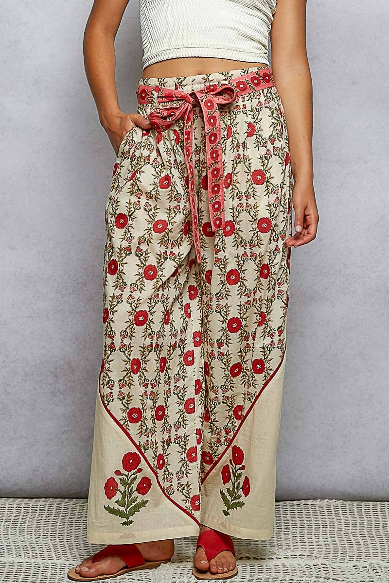 Waist Belt Floral Pattern Straight Fit Pants- PANTS ONLY
