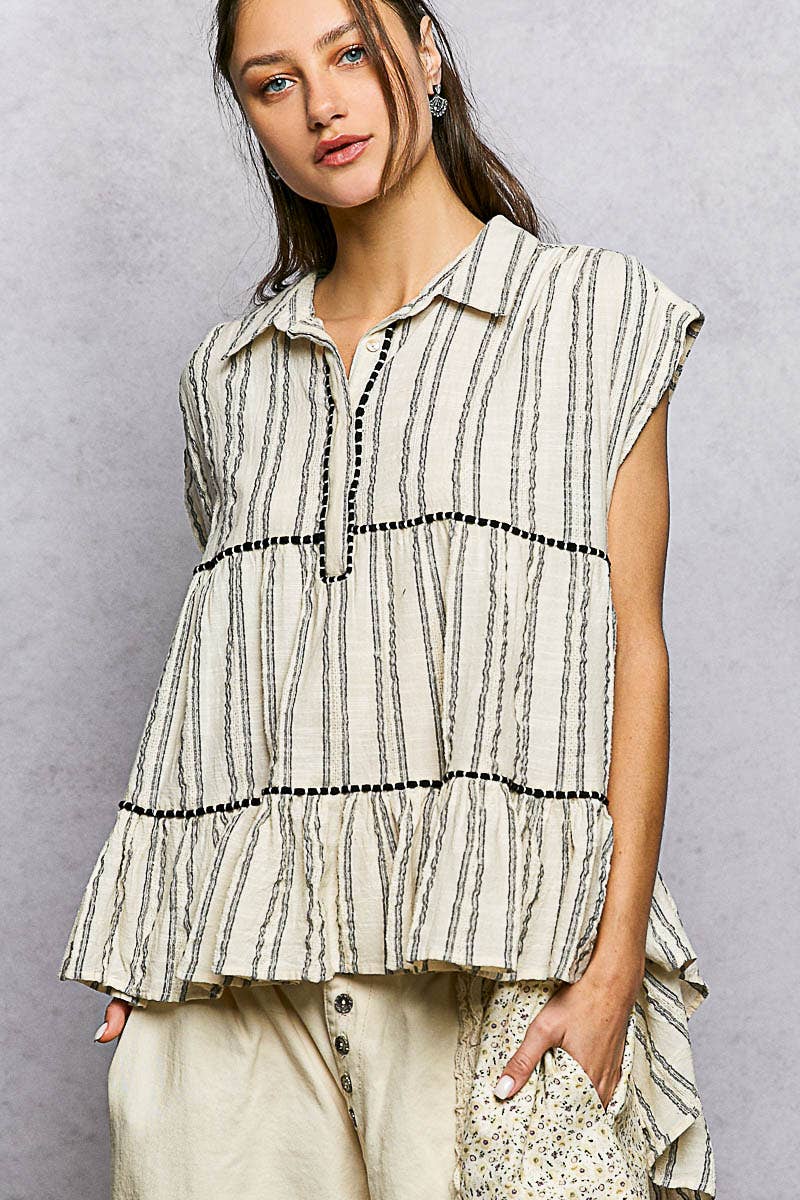 Collared Neck Stripe Soft Ruffle Stitch Sleeveless Shirt Top
