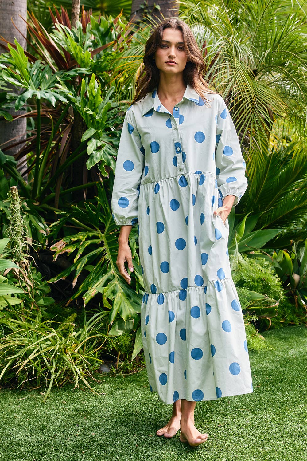 Polka Dot Print Tiered Midi Shirt Dress