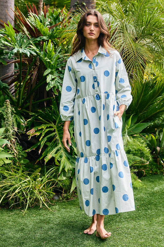 Polka Dot Print Tiered Midi Shirt Dress