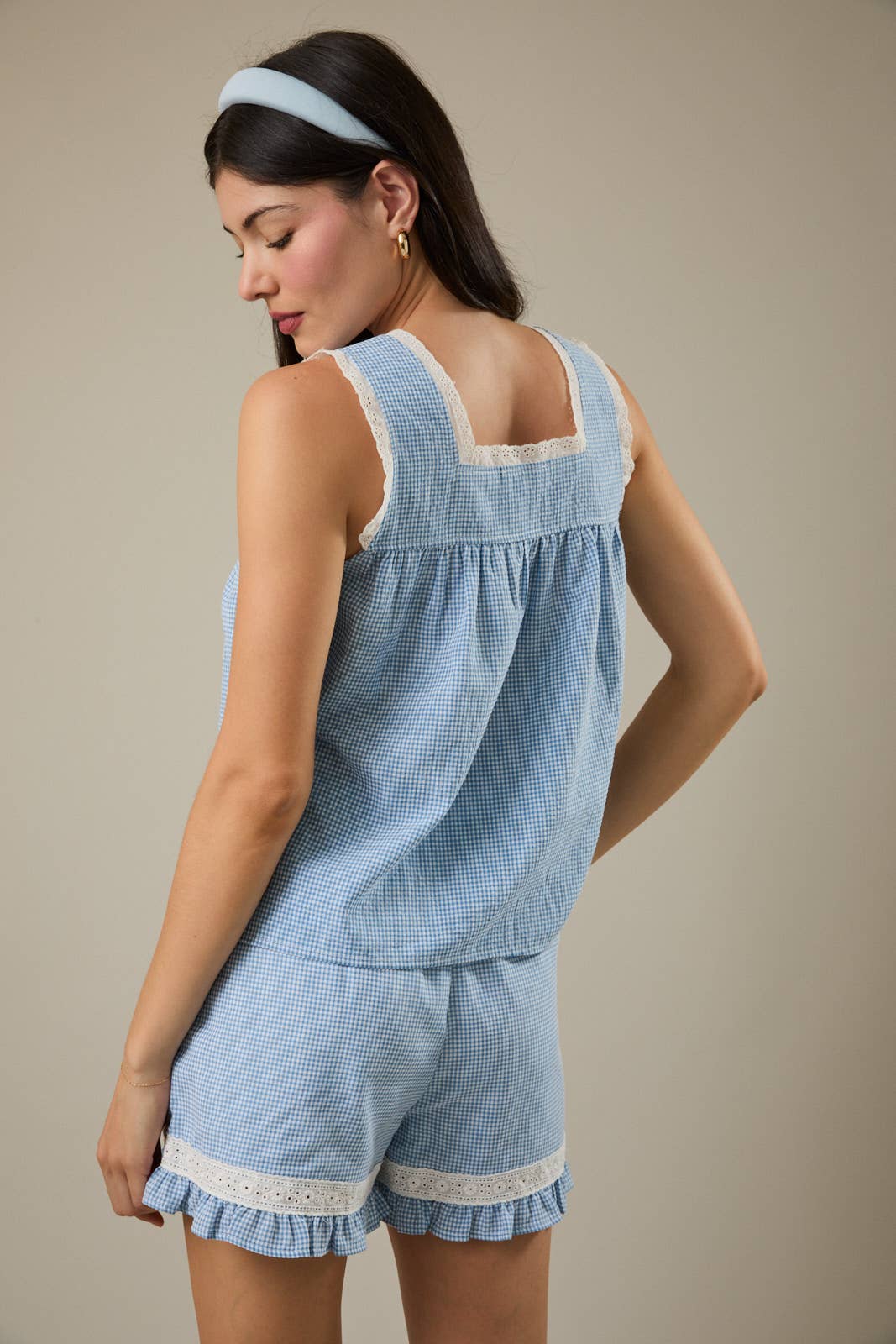 LACE TRIM DETAIL GINGHAM TOP & RUFFLED HEM SHORTS