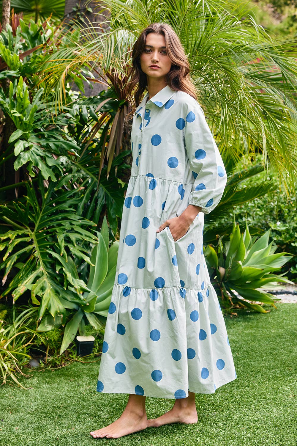 Polka Dot Print Tiered Midi Shirt Dress