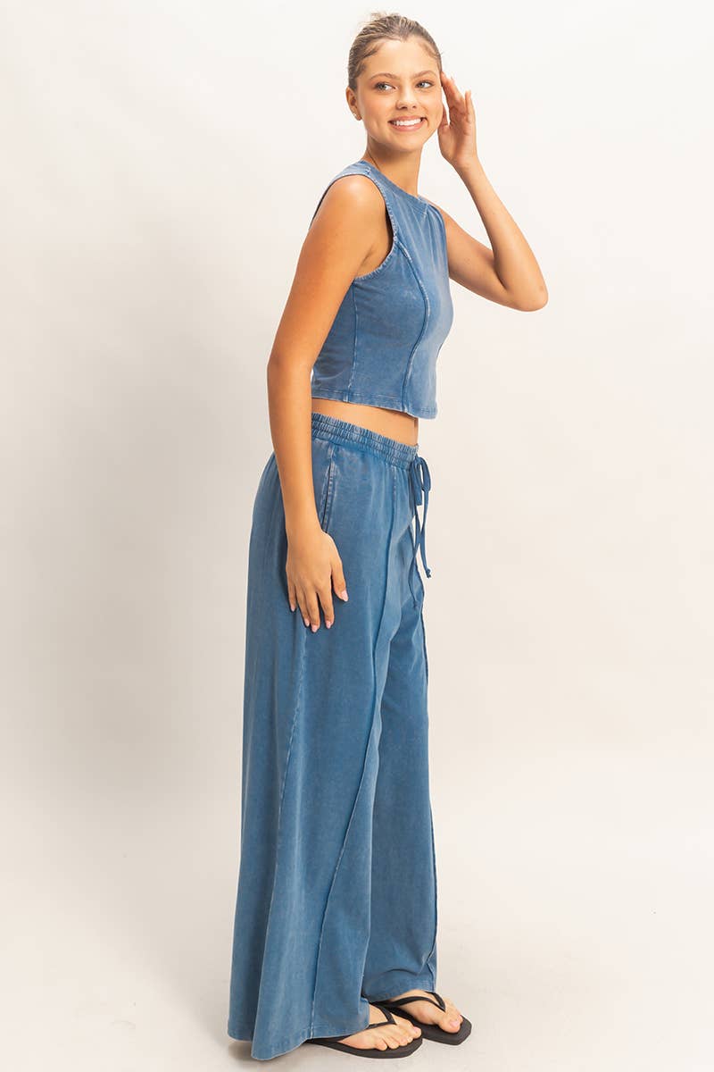 Mineral Washed Sleeveless Top & Wide Leg Pants Set- The Willow Set