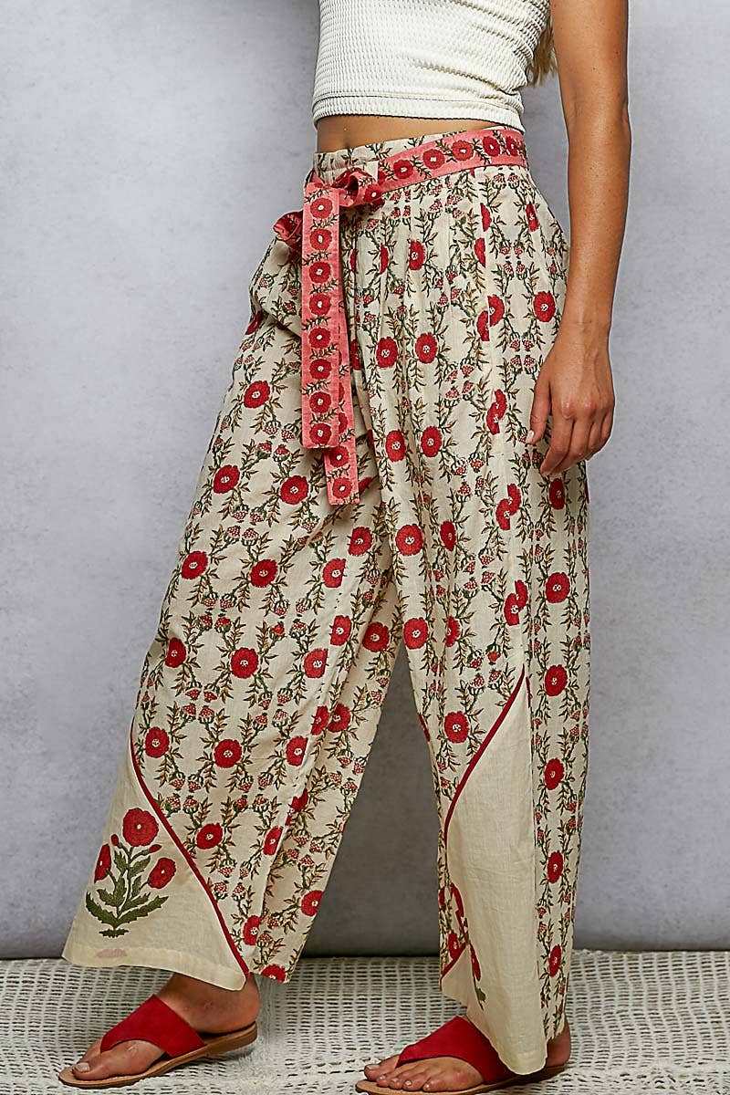 Waist Belt Floral Pattern Straight Fit Pants- PANTS ONLY