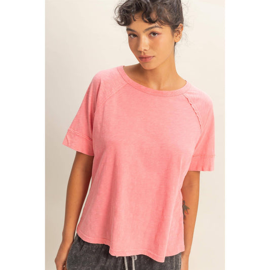 Acid Wash Raw Seam Raglan Short Sleeve Tee