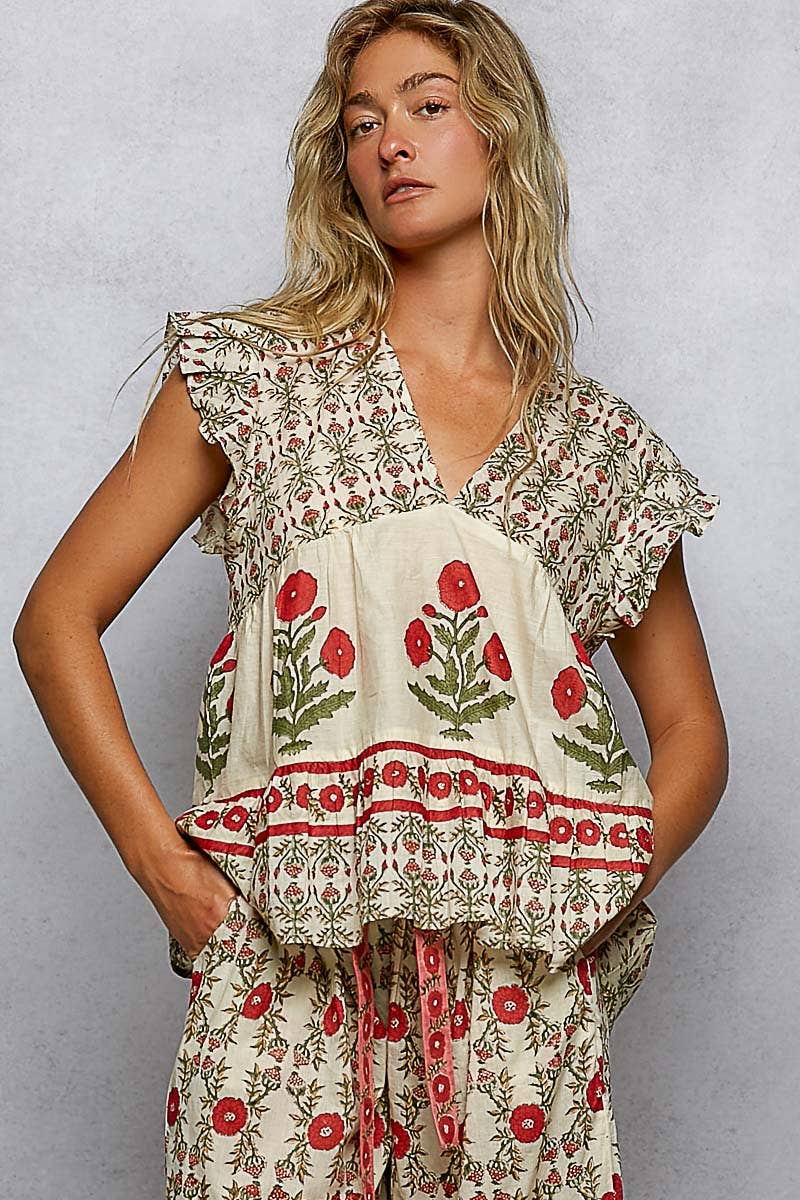 V-Neck Floral Pattern Ruffle Sleeve Top- TOP ONLY