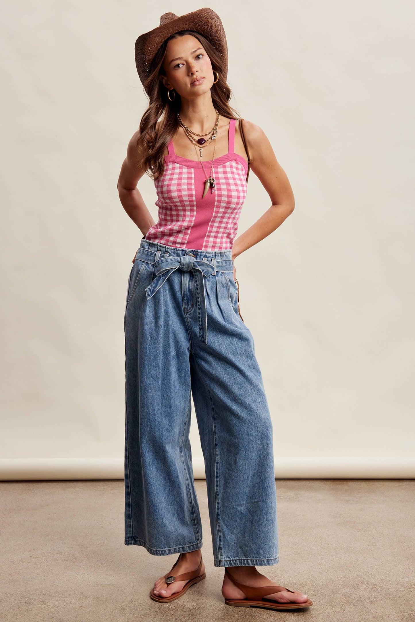 Paperbag Waist Wide Leg Denim Pants