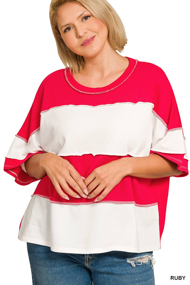 Plus French Terry Color Block Exposed Seam Top