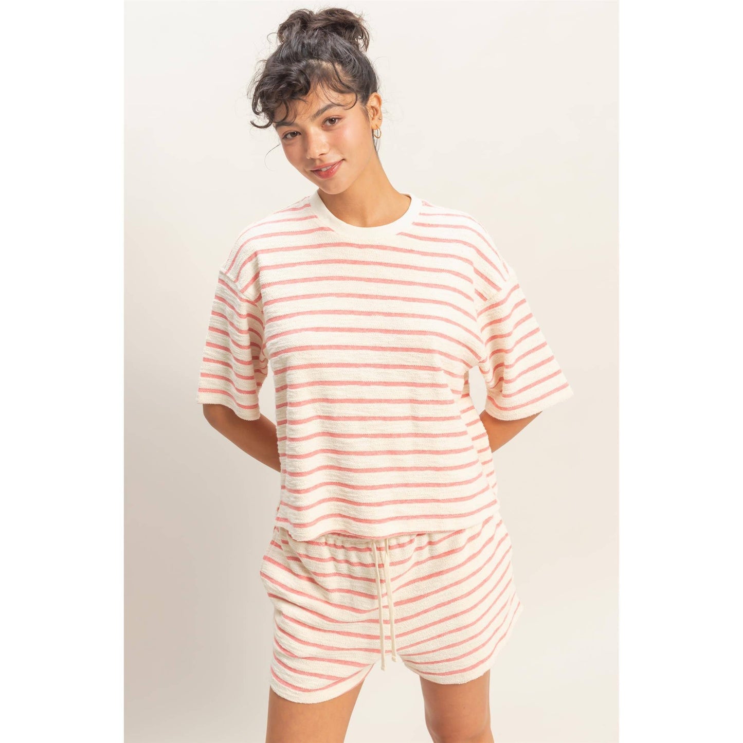 Striped Short Sleeve Terry Crew Neck Top