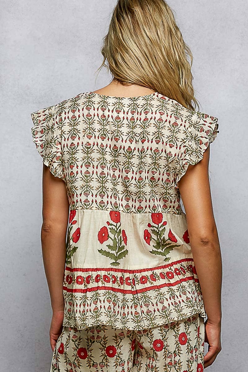 V-Neck Floral Pattern Ruffle Sleeve Top- TOP ONLY