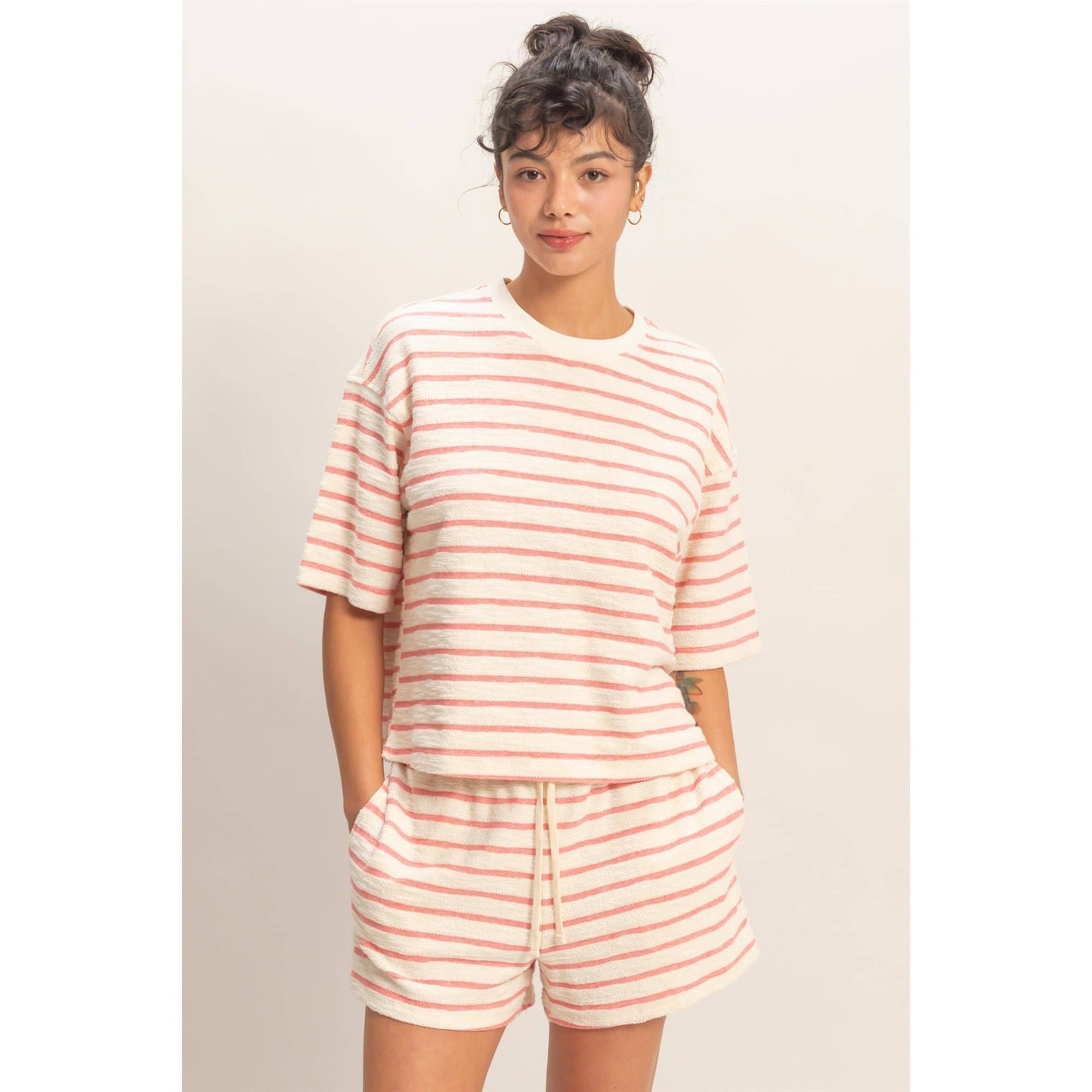 Striped Short Sleeve Terry Crew Neck Top