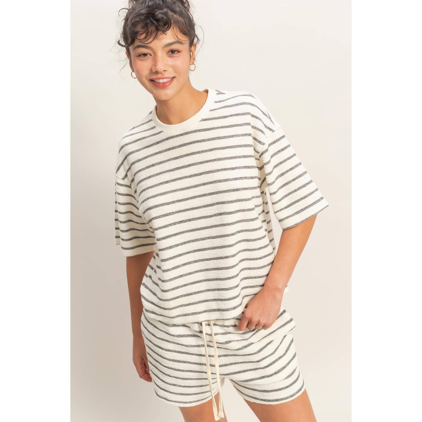 Striped Short Sleeve Terry Crew Neck Top
