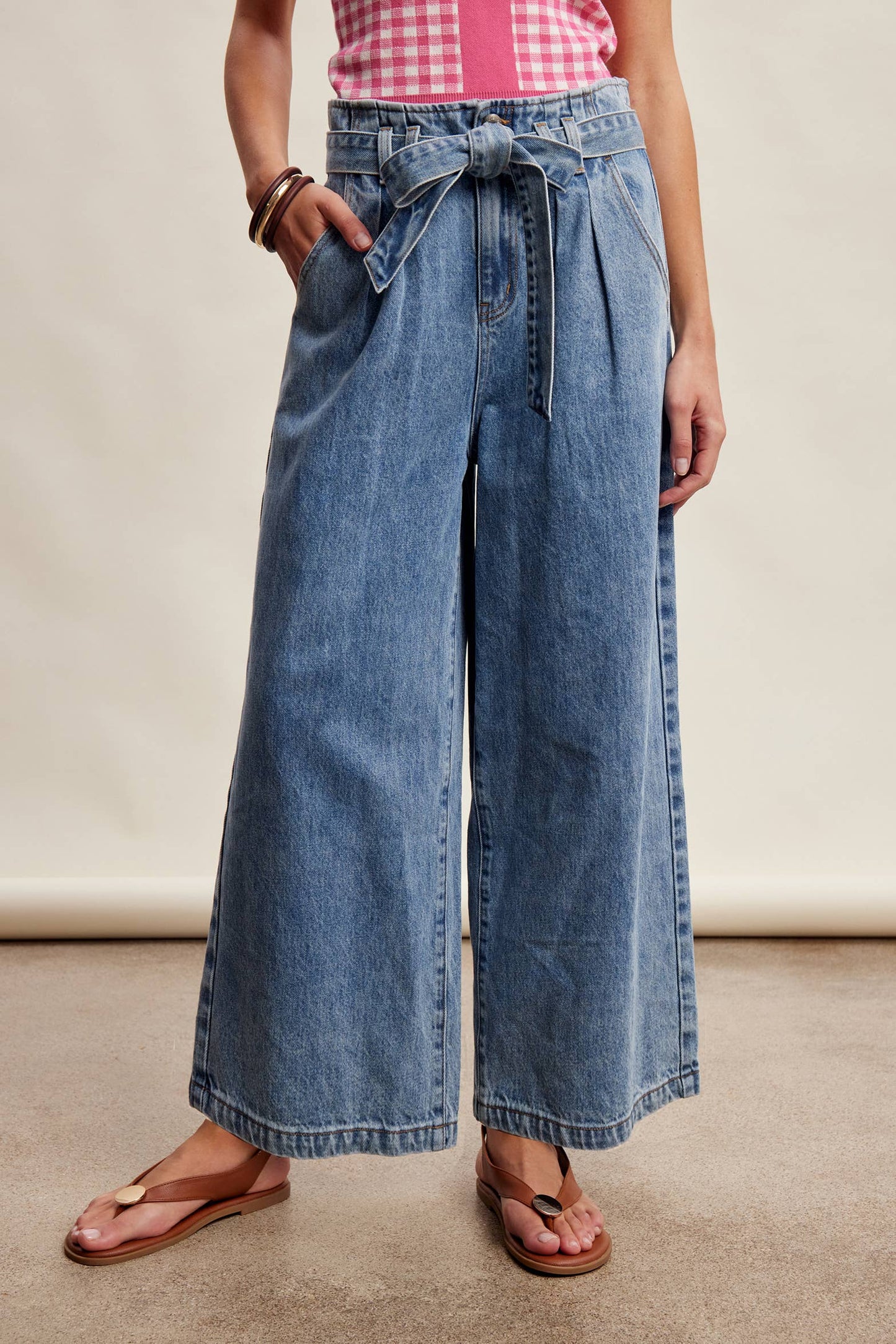 Paperbag Waist Wide Leg Denim Pants