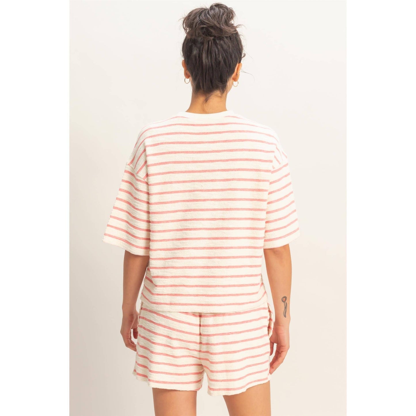 Striped Short Sleeve Terry Crew Neck Top